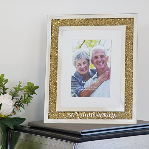 Pavilion Gift Company 85115 Glorious Occasions-50th Anniversary Gold Crystal Mirrored 4x6 Picture Frame - color: Gold