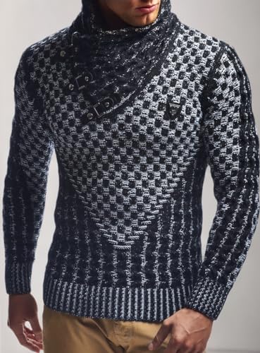 Leif Nelson Men’s Knitted Pullover | Long-Sleeved Slim fit Shirt | Basic Sweatshirt with Shawl Collar and Faux Leather - color: Black Ecru, size: 4X-Large