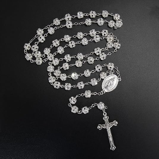 Nazareth Store Colorful Zirconia Crystal Beads Rosary Silver Catholic Necklace with Miraculous Medal Cross Crucifix Multicolor Rosaries in Velvet Bag - color: Clear
