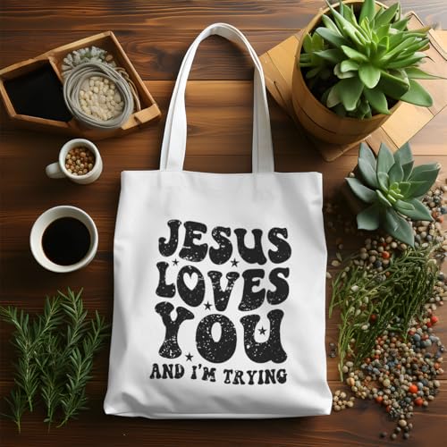 VICBOU Bible Verse Canvas Tote Bag Religious Christian Gifts for Women Men Faith Canvas Tote Reusable Grocery Bag - color: Jesuslovesyou