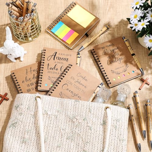 Resurhang 20 Set Spanish Christian Gifts Bulk for Father Religious Notebooks with Bible Verse Pen, Inspirational Spiral Prayer Journal Notepad Church Gifts for Women Men Sunday School (Brown)