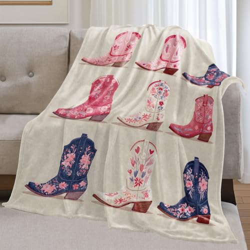 Western Cowboy Boot Flannel Blanket Gifts for Women Cowgirl,60x50inch,Rustic Country Farmhouse Throw Blankets with Colorful Floral,for Bedroom,Sofa,Living Room,Camping Home Decor Throws - color: Cowboy, size: 60x50 Inch