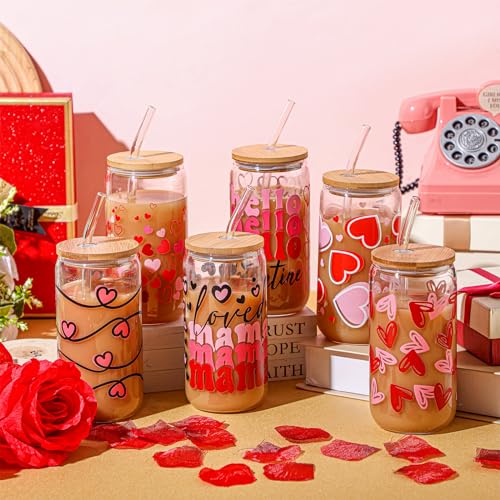 SiliFine 6 Pcs Valentine Heart Glass Cups, 16 oz with Lids and Straws - style: Heart