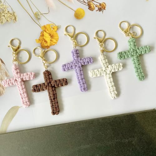 Macrame Cross Keychain - Handmade Woven Religious Key Ring Christian Bag/Purse Charm for Women Men - color: White