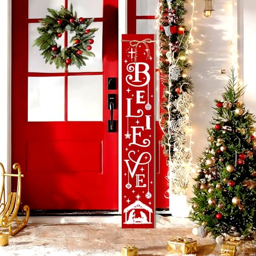 Christmas Porch Sign Believe Nativity Welcome Sign for Front Porch, Red ChristianWood Signs for Patio Jesus Tall Standing Wooden Yard Sign Bless Xmas Decoration for Indoor Outdoor - color: Christmas Believe