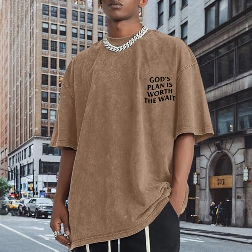 Wrenpies Christian Faith Shirts for Men Jesus God Bible Verse Inspirational Religious Graphic Tees Acid Wash Vintage Tshirt - color: Coffee, size: Medium