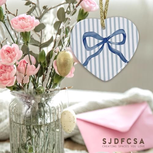Preppy Blue Bow Ornament, Blue Coquette Bow Hanging Heart Ornaments for Christmas Tree Holiday Party Decorations, Striped Trendy Girly Xmas Decorative Ornaments Keepsake TCP - color: Bow-blue-4