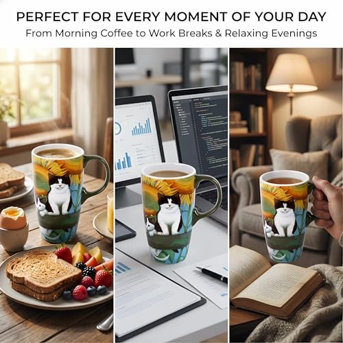 Topadorn 17oz Ceramic Travel Mug with Lid, Sunflower & Cat Coffee Mug - color: Sunflower Cats