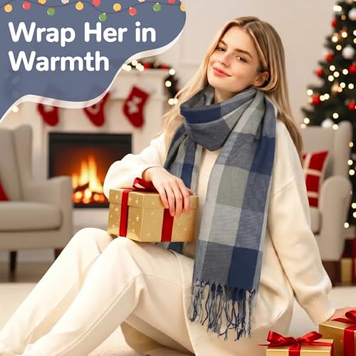 Loritta Winter Scarf for Women, Long Plaid Shawl Wraps Scarves Gifts - color: F-blue Grey Lattice