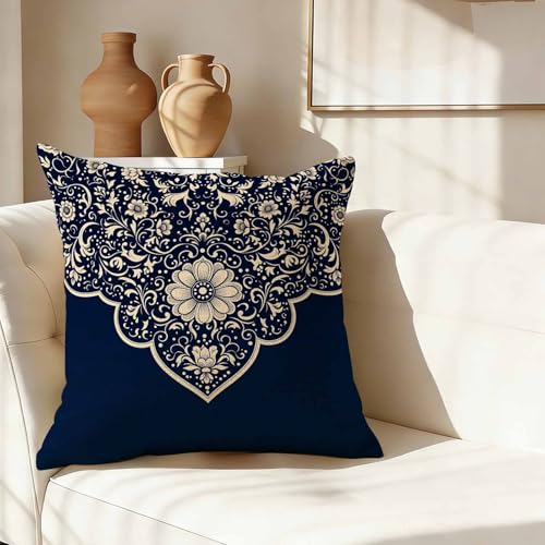Ethnic Art Throw Pillow Cover,Deep Blue and Cream Floral Mandala Decorative Pillow Case,Boho Indian Style Paisley Cotton Linen Cushion Case for Home Decor 18 * 18 Inch - color: Settype23