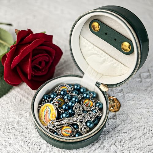 8mm Glass Pearl Catholic Rosary Necklace - Our Lady of Guadalupe Rosary Beads with Prayer Box, First Communion & Baptism Gift for Women and Men (La Rosa de Guadalupe) - color: Green