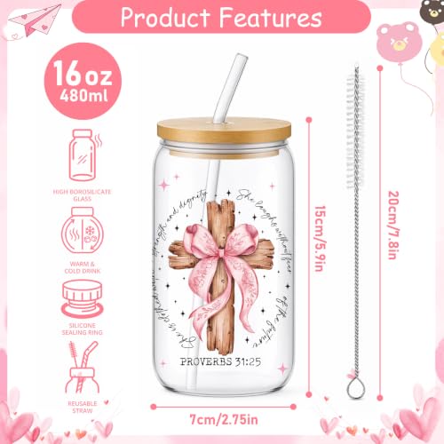 Christian Gifts for Women Glass Cups - Glass Tumbler with Straw and Lid, Pink Bow Cross Bible Verse Gift for Women Teacher Sister Best Friend Coworkers Bestie Birthday Graduation Christmas - style: pink bow and cross