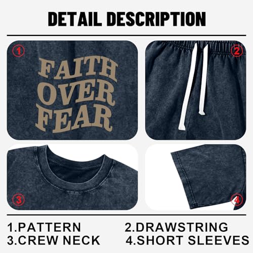 Men's Christian Shirt and Shorts Set Oversized Faith Over Fear T Shirt Washed Religious Bible Verse 2 Piece Outfits - color: Denim Blue, size: X-Large