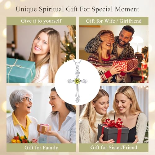 Cross Necklace for Women,925 Sterling Silver Faith Jewerly Gift - color: 08-August-Peridot