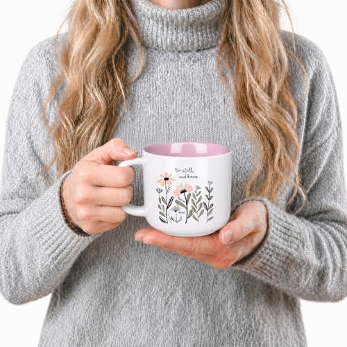 13.5 oz Round Ceramic Mug with Pink Interior, Be Still and Know Psalm 46:10 Text, Double-Sided Print, Microwave Safe, Christian Coffee Cup for Women
