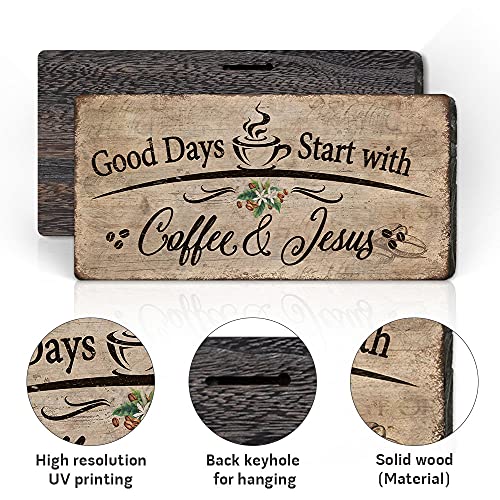 Rustic Wood Plaque Sign,Good Days Start with Coffee and Jesus Wall Decor, Farmhouse Coffee Bar Accessories & Kitchen Wall Art, Christian Gifts for Women Coffee Lovers,Ready to Hang16*8 In