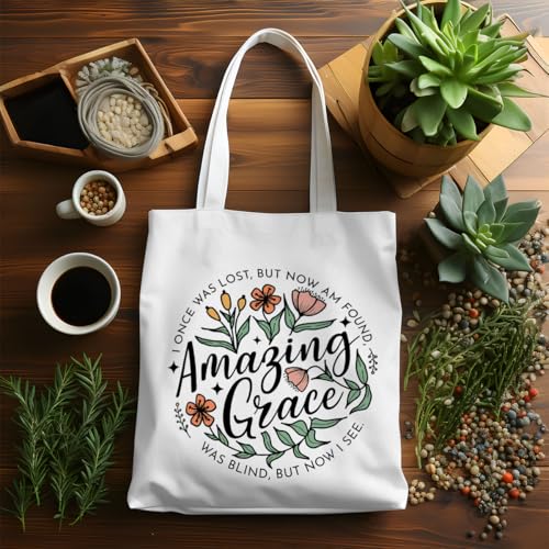 VICBOU Bible Verse Canvas Tote Bag Religious Christian Gifts for Women Men Faith Canvas Tote Reusable Grocery Bag - color: Amazinggrace