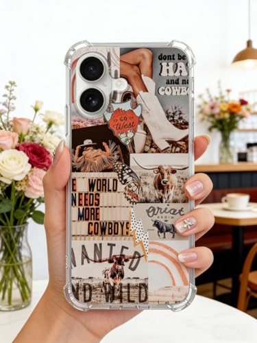 Vintage Cowboy Collage Case Compatible with iPhone 16, Cool Aesthetic West Cowboy Cowgirl Case for iPhone 16, Unique Trendy TPU Bumper Protective Cover Case - color: West Cowboy