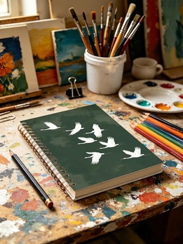 Japanese Crane Bird Notebook, Minimalist Flying Crane Journal, Bird Gifts for Women, Dark Green Zen Nature Aesthetic Hardcover Notebook Journal for Work Study 5.5x8.3 in - color: Crane Bird