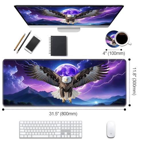 Desk Pad Mat Gaming Mouse Pads with Coasters Set, Stitched Edges Design Mouse Pad XL Large Mouse Pad for Laptop Computers Bald Eagle Desk Writing Mat for Office & Home 31.5"x 11.8" - color: Bald Eagle, size: 31.5" x 11.8"