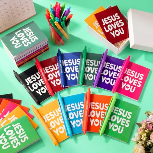 Eaasty 100 Pcs Christian Notebook Ballpoint Pen Gifts Bulk Include 50 Bible Verses Notepads 50 Jesus Loves You Pens for Office Birthday Wedding Baptism Sunday Church Supplies(100 Pcs,Jesus) - style: Jesus