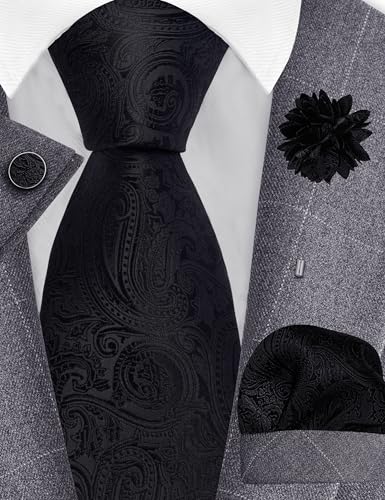 GUSLESON 3.15"(8cm) Mens Tie and Lapel Pin Paisley Necktie Hankerchief Cufflinks Set for Men - color: Black