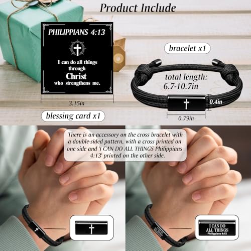 Vichona Cross Bible Verse Adjustable Rope Bracelet for Teens - color: Philippians 4:13-Black