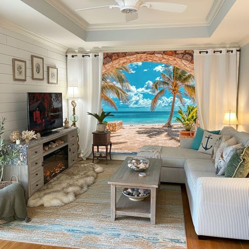 Lifeella Beach Landscape Window Tapestry, Tropic Ocean Palm Tree Seaside Wall Backdrop, Summer Mural for Living Room Bedroom Office Decor, 36x48 inches - color: Beach, size: 48"L x 36"W