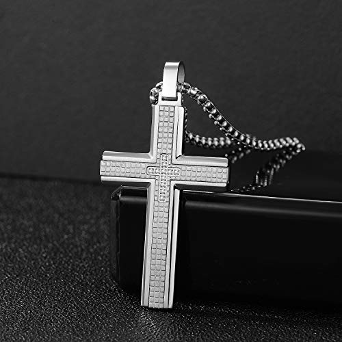 Men's Stainless Steel Cross Necklace,Two-Tone Black & Blue Carbon Fiber Pendant - Included Gift Box - style: Silver XL002