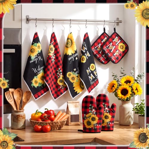 Leinuosen 8 Pcs Sunflower Red Plaid Kitchen Towels Dishcloths Accessories - color: Red and Black, style: Sunflower