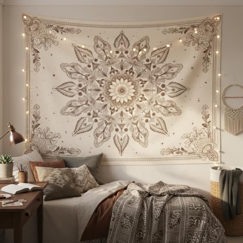 Motanber Floral Mandala Tapestry Wall Hanging Boho Beige Tapestry Aesthetic Bohemian Flower Cute Small Tapestries for Bedroom Living Room Dorm Wall Decor 60 x 44 Inch - color: Beige White, size: 60"L x 44"W