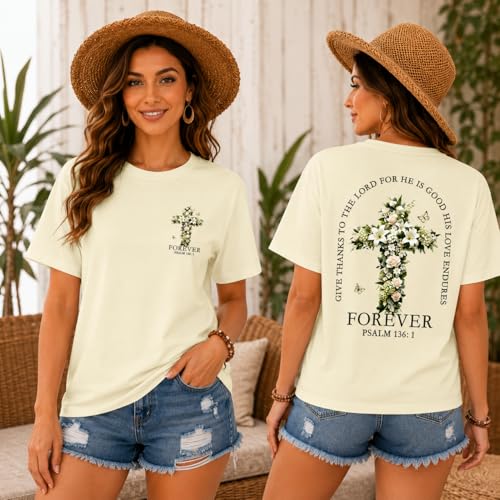 Christian Faith Shirts for Women Jesus Religious Bible Verse Shirts Inspirational Floral Corss Casual Graphic Tees - color: Creamy Yellow, size: Small