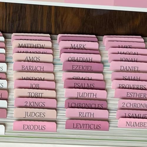 Pink Repositionable Bible Tabs for Women, Laminated Large Print Stickers, Easy to Read and Apply, Fits Standard and Catholic Bibles - color: Catholic Pink