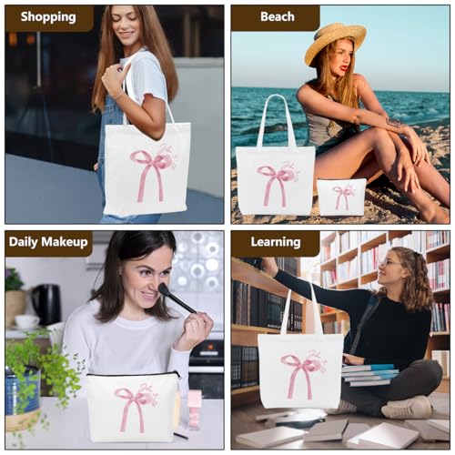 Christian Gifts for Women, Girls Preppy Bow Canvas Tote Bag Makeup Bag Set, Inspirational Bible Verse Religious Gifts Birthday Graduation Nurse Day Reusable Grocery Bags Travel Cosmetic Bags - color: Christianbow3