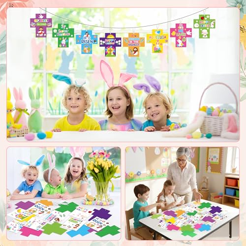 ANGOLIO Religious Easter Cross Craft Kit for Kids, 123Pcs DIY Christian Craft Sticker Hanging Ornaments with String for Home Classroom Sunday School Party Supplies Jesus He is Risen Easter Spring Gift - style: Easter
