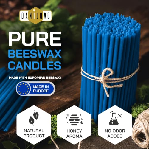 Danilovo Thin Taper Beeswax Candles - Honey-Scented, Decorative Candles Ideal for Birthday Decoration or Church Prayers - Blue Drip Free, Tall & Smokeless Pack of 50 pcs, 7.3 x 0.24 inch - color: Blue