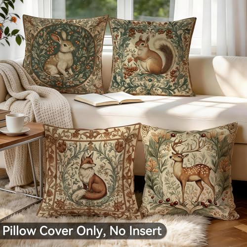 Retro Woodland Animal Pillow Covers Set of 4, 18x18 Botanical Rabbit Deer - color: Retro Botanical Animals, size: 18" x 18" (Pack of 4)