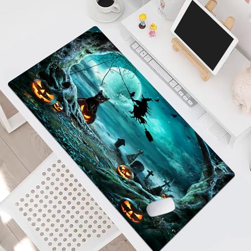 LB Teal Halloween Mouse Pad Gaming, Spooky Background, 15.75L X 31.5W Inch - color: Black Teal