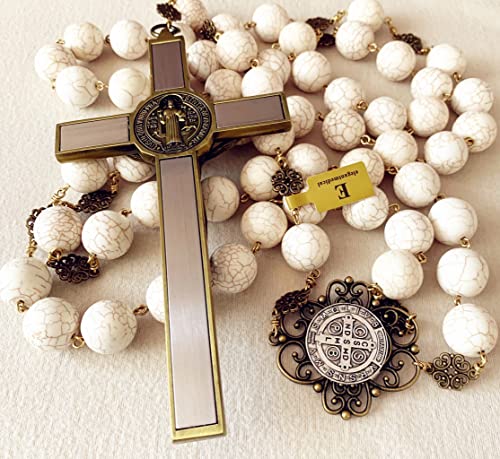 elegantmedical HANDMADE Large 20mm White howlite beads Home St.Benedict Wall Rosary Catholic cross/crucifix box GIFTS