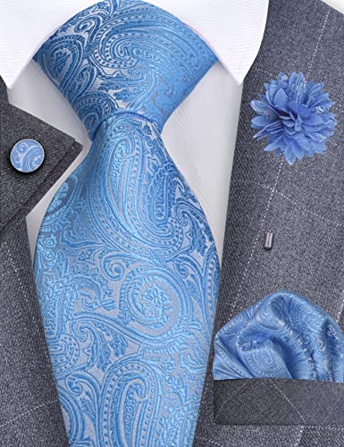 GUSLESON 3.15"(8cm) Mens Tie and Lapel Pin Paisley Necktie Hankerchief Cufflinks Set for Men - color: Light Blue