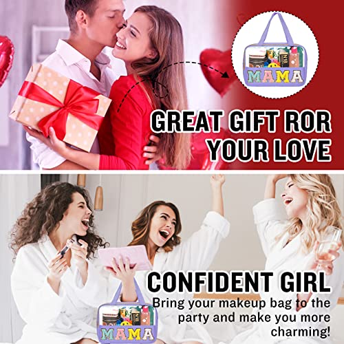 Chenille Letter Clear Makeup Bags Mama Tote, Preppy Patch Makeup Bag Zipper with Handle, Waterproof PVC & Nylon Portable Glitter Large Cosmetic Travel Toiletry Storage Bag for Women Girls(MAMA-Purple) - color: MAMA-Purple