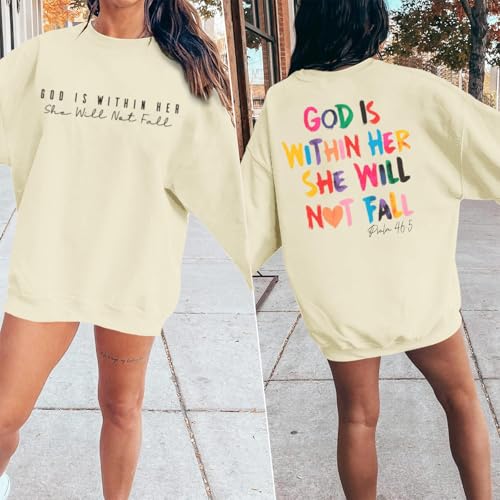 Sulayesh Christian God Is Within Her Sweatshirts Women Jesus Faith Bible Verse Shirts Oversized Inspirational Hoodie Pullover - color: Apricot, size: Large