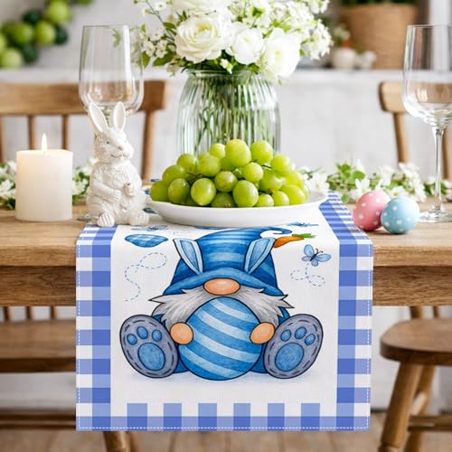 HOMETITUTE Blue Easter Gnome Table Runner Bunny Decor 13x72 Inch Burlap