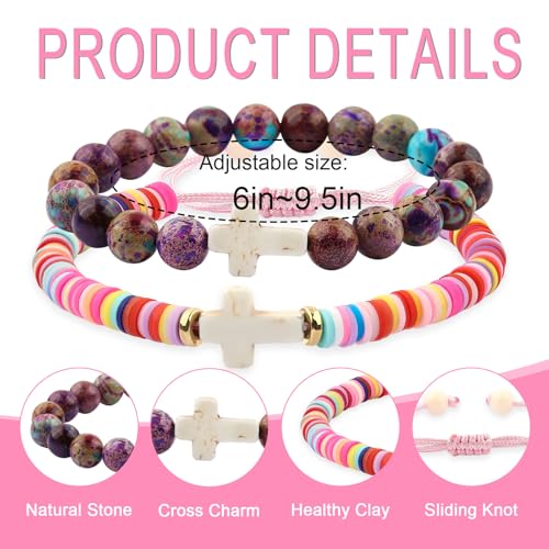 Cross Bracelet Baptism Gifts Easter Basket Stuffers First Communion Adjustable Clay and Stone Christ Holy Water Bracelet Faith Jewelry for Daughter Granddaughter Niece - color: purple-Bless