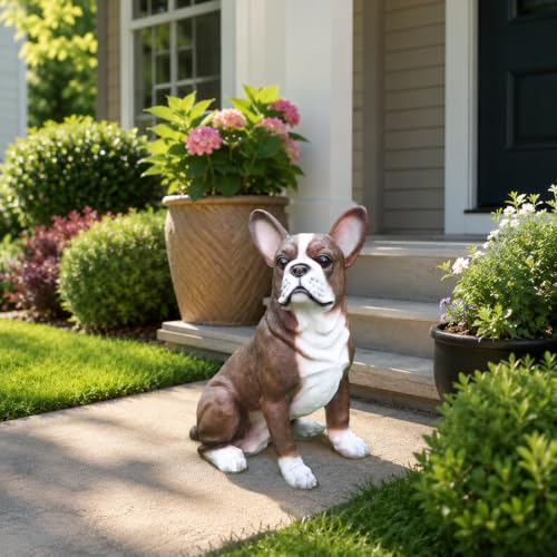 Realistic French Bulldog Garden Statue, Finely Sculpted Lifelike Brown and White Sitting Dog Figurine, Weather-Resistant Outdoor Sculpture for Yard, Lawn and Pet Memorial Gift - color: French Bulldog Brown Sitting