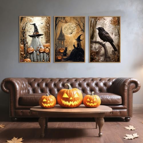 ANHUIB Large Vintage Halloween Wall Art Spooky Ghost Witch Wall Decor Black Cat with Crow Painting 16x24 Inch Set of 3 for Living Room Bedroom - color: Witch, size: 24"L x 16"W