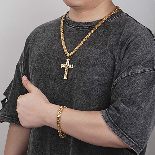 Mens Stainless Steel Silver Gold Jesus Cross Pendant Necklace Chain Bracelet Set Jewelry 45/50/55/60/65/70/75cm - style: Style 03-Color Yellow