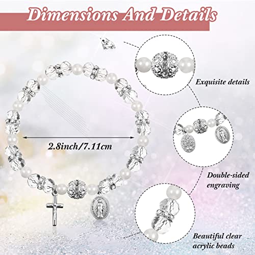 Taiyin Rosary Bracelet Bulk with Mesh Bags, White Religious Rosary Bead Bracelet Catholic Bracelets, Baptism First Communion Gifts for Women - color: Silver