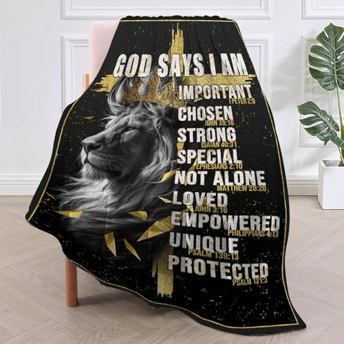 CIUGOIG Christian Gifts for Men, God Says i Am Lion Blanket 80"x60", Inspirational Religious Birthday Gifts for Lion and Cross Blanket, Christian Faith Jesus God Prayer Bible Verse Gift for Christmas - color: God Says - Lion, size: 60"x80"