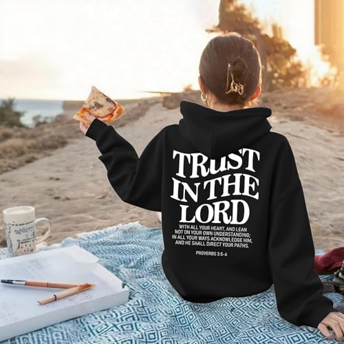 Trust In The Lord Graphic Hoodie For Girls Christian Jesus Hoodie Kids Faith Hooded Sweatshirt Preppy Pullover Tops - color: Black(white Print), size: 5-6 Years